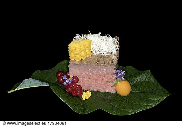 Pink roast beef with freshly grated horseradish  corn kernels  yellow cherry tomato  currants and flowers  food photography with black background