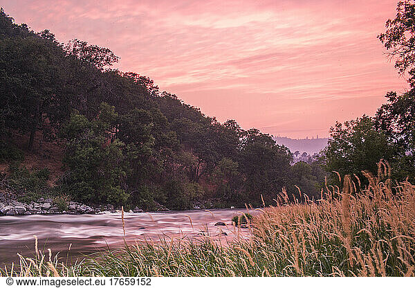 Pink sunset sky over whitewater river and forest
