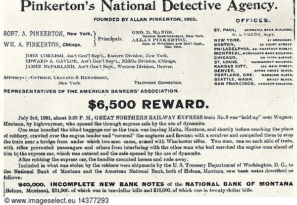 Pinkerton"s National Detective Agency  American private detective and security guard agency founded by Alfred Pinkerton in 1850. $6 500 reward notice published by Pinkerton"s in 1901 in respect of a train robbery on the Great Northern Railway Express.