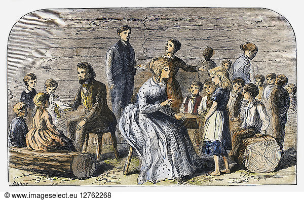PIONEER SUNDAY SCHOOL. A Sunday School in the American West in the mid-19th century. Wood engraving  American  late 19th century.
