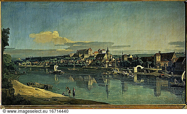 Pirna (Saxony). “Pirna seen from the right embankment of the Elbe at Copitz below the town . (View of the town with Sonnenstein Fort  St. Mary’s Church  and far right Dominican monastery church).
Painting  c. 1753/55  by Bernardo Bellotto  called Canaletto (1721–1780).
Oil on canvas  133 × 237.5cm.
St Petersburg  State Hermitage.