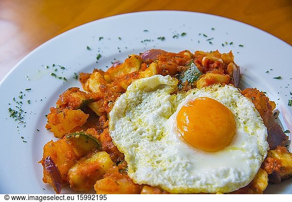 Pisto with fried egg. La Mancha  Spain.