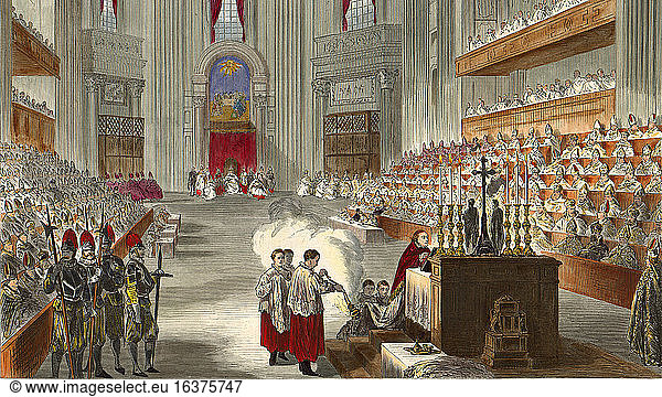 Pius IX  Pope (1846–78)  before: Giov.Maria Mastai-Ferretti  1792–1878.“A meeting of the Ecumenical Council in the St. Peter’s Church in Rome .Wood engraving  unmarked  later coloring.From: Illustrirte Newspaper  54th volume  no.1387  Leipzig  Jan. 29  1870  p. 84.Berlin  Sammlung Archiv für Kunst und Geschichte.