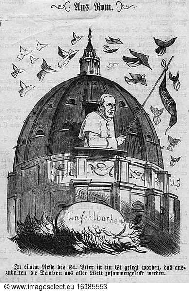 Pius IX  Pope (1846–78)  prev.: Giov.Maria Mastai-Ferretti  1792–1878.– “In einem Neste des St. Peter ist ein Ei gelegt worden (…) ' (Caricature of the discussion of the dogma of Papal infallibility at the Council summoned in 1869/70).Wood engr. after Wilhelm Scholz (1824–1893). Fr.: Kladderadatsch Yr. 22 No. 51  Berlin  14.11.1869  p. 208.Berlin  Sammlung Archiv für Kunst und Geschichte.