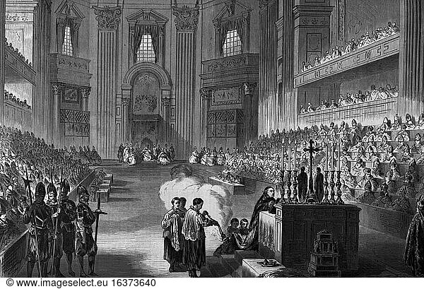 Pius IX  Pope (1846–78)  previously Giov Maria Mastai-Ferretti  1792–1878.“A session of the ecumenical council at St. Peter’s in Rome .Wood engraving  unsigned.From: Illustrierte Zeitung  Volume 54 No. 1387  Leipzig  29 January 1870  p. 84.