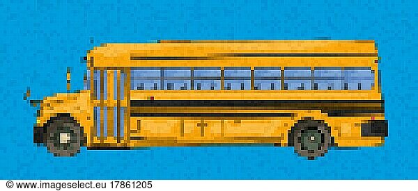 Pixel Art Schulbus Vektor-Symbol über blau