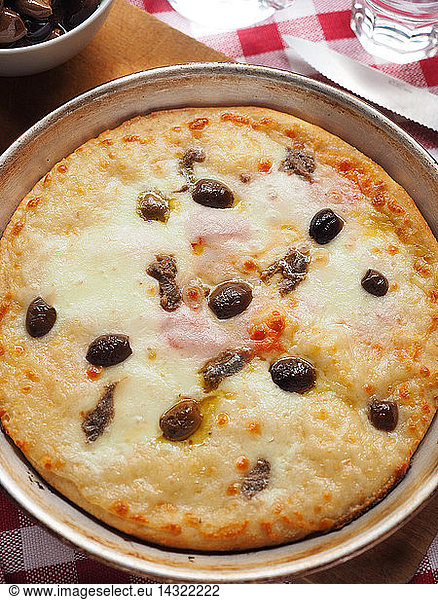 Pizza with mozzarella cheese  tomato  black olives taggiasche  anchovies and cappers  Milan  Italy  Europe