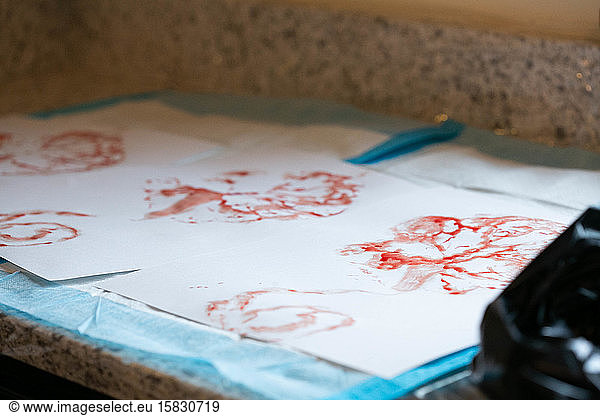 Placenta prints on white paper.