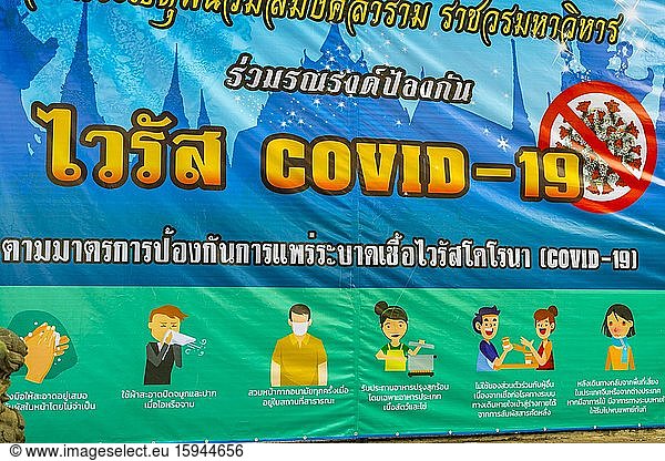 Plakat  Verhalten bzw. Hinweise bei Coronavirus  Bangkok  Thailand  Asien