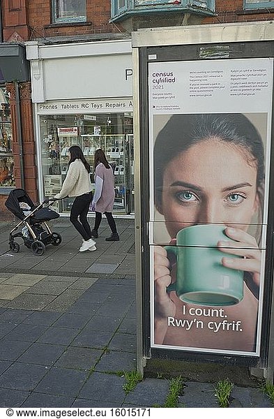 Plakate  die für den Beginn der Proben für die Volkszählung 2021 am 21. Oktober 2019 werben. Aberystwyth  Ceredigion  Wales  Vereinigtes Königreich.