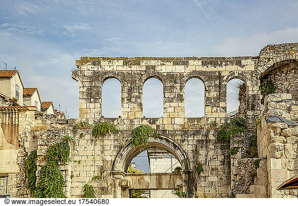 Plants growing on old limestone Silver Gate  Diocletian's Palace  Split  Dalmatia  Croatia