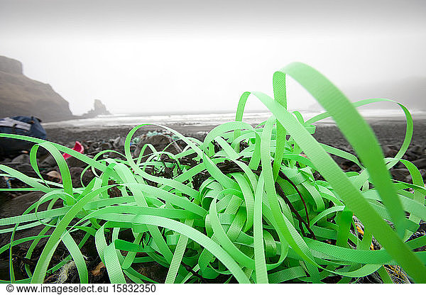 Plastic debris washed ashore at Talisker Bay on the Isle of Skye  Scotland  UK.