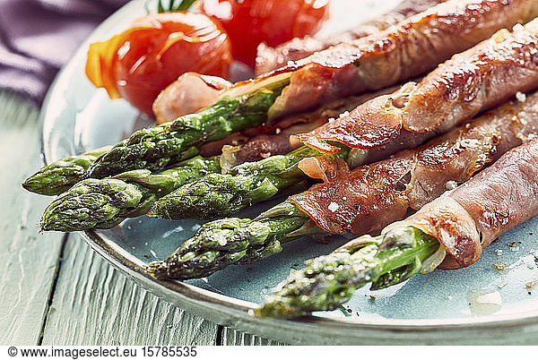 Plate of asparagus ham rolls