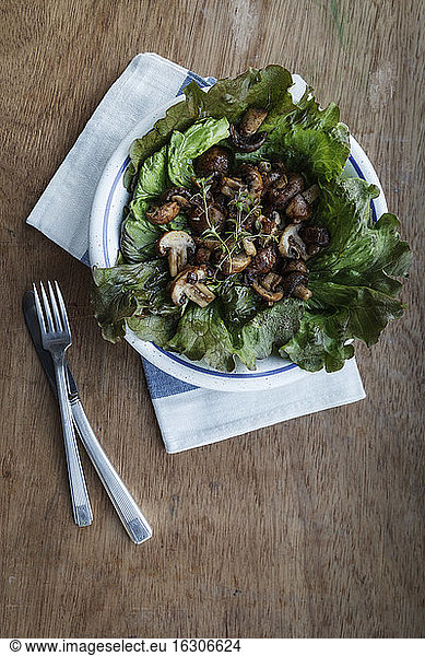 Plate of fried button mushrooms on leaf salad