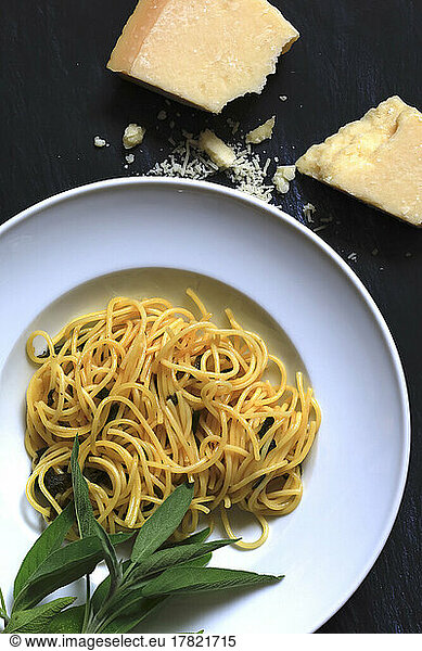 Plate of pasta with sage and Parmesan