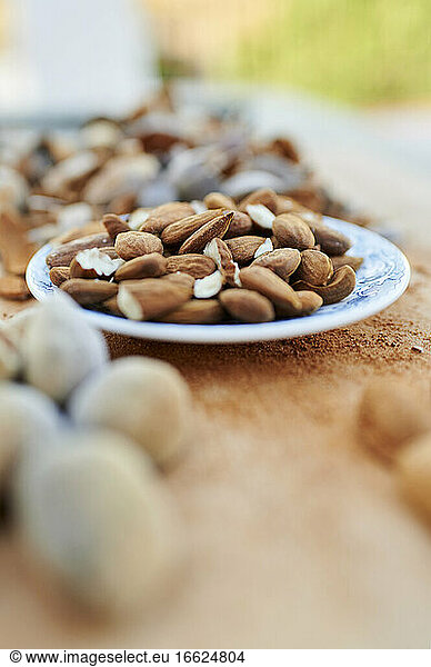 Plate of peeled almonds