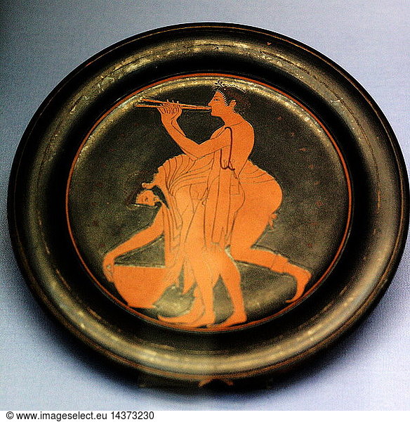 Plate signed by Epikleitos as painter. Epikleitos was a pupil of the first painters to use the red figure technique  invented in Athens in about 530 BC. He decorated numerous cups and several plates. His clarity of line and the deliecacy of the two revellers enable us to recognise even his unsigned works. Made in Athens about 520-500BC
