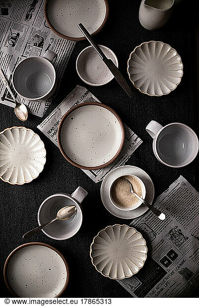 Plates set out for coffee and breakfast