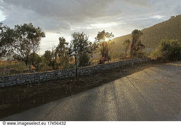 Platzregen auf einer Landstraße  Sonne und Regen  Gegenlicht  Halbinsel Mani  Lakonien  Peloponnes  Griechenland  Europa
