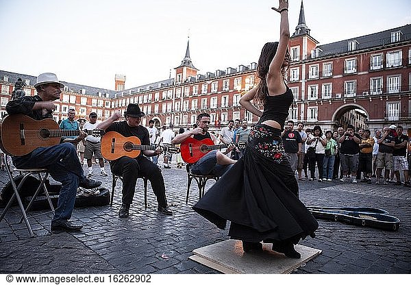 Plaza Mayor  summer's afternoon  woman dancing flamenco  MADRID  SPAIN  EUROPE.