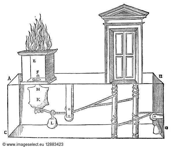 PNEUMATIC DIAGRAM  1589. Woodcut from a 1589 Italian edition of Hero of Alexandria's treatise on pneumatics showing ancient temple trickery. When a fire is built on the altar at the left  the doors on the right swing open.