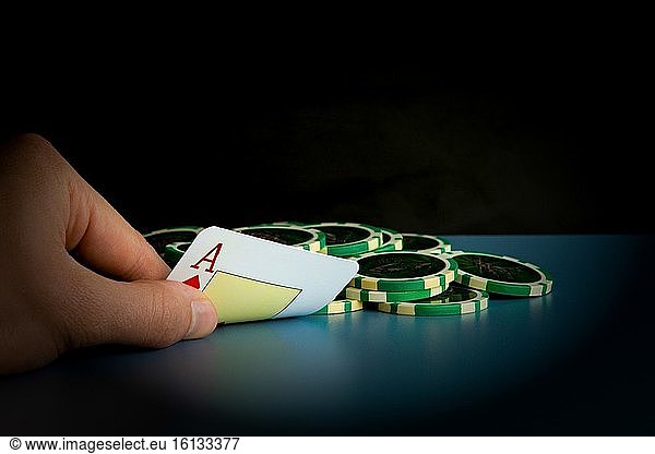 Poker card game with casino chips.
