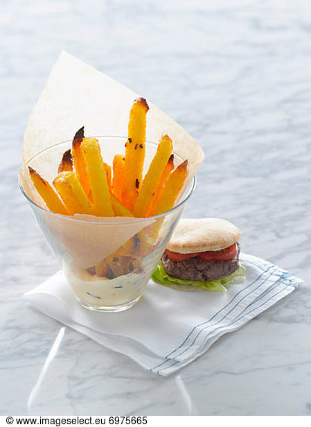 Polenta Fries with Mini Burger in a Pita