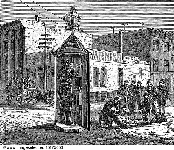 police  police box of the police in Chicago  Illinois  wood engraving  circa 1890