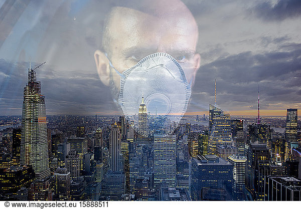 Policeman wearing face mask  watching over NYC  USA  multiple exposure