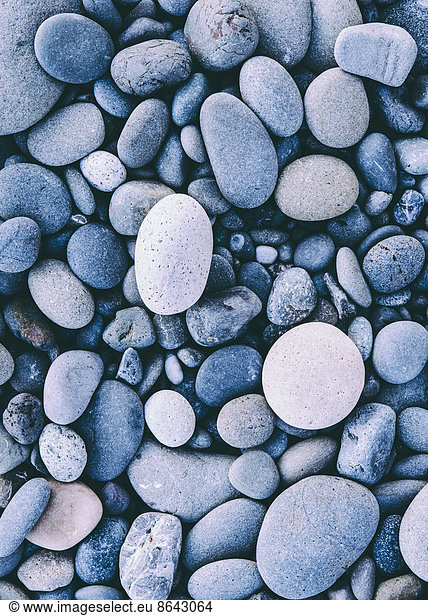 Polished smooth stones and pebbles on the sea shore  in Olympic national park. Varied shapes and sizes.