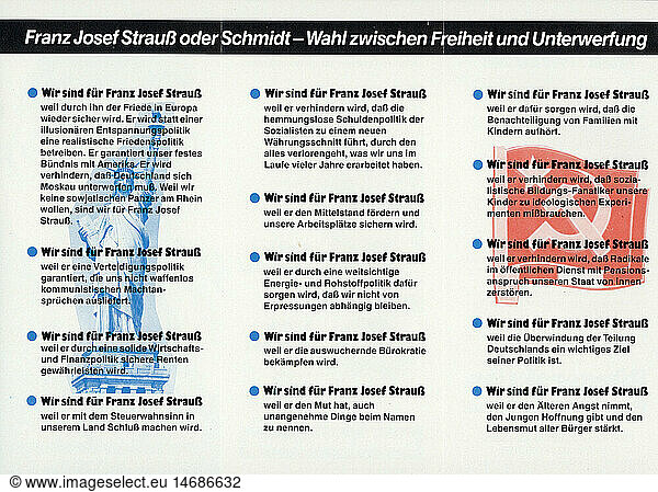 politics  elections  Election to the Federal Diet 1980  canvassing of the citizens' initiative Democrats for Strauss  flyer  1980  West Germany  Western Germany  Germany  1980s  80s  20th century  Franz Josef Strauss  Christlich-Soziale Union  Christlich social union  CSU  Chancellor candidate  Chancellor candidates  propaganda  advertising  parties  political party  domestic policy  home policy  Election to the Federal Diet  election  election campaign  election campaigns  handbill  handbills  politics  policy  elections  polls  citizens' initiative  citizens' action group  flyer  flier  leaflet  fliers  historic  historical  Statue of Liberty  Red Flag  hammer  hammers  sickle  hook  sickles  hooks  allegory