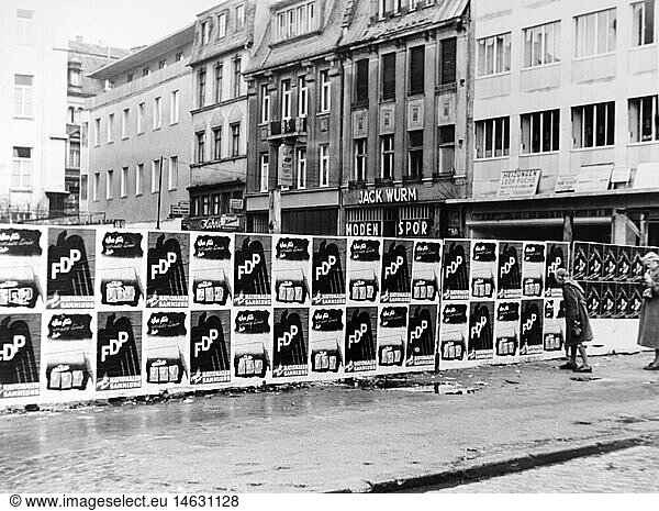 politics  elections  Germany  election campaign for the Federal Parliament 1953  election posters of the Free Democratic Party (FDP)  Bonn  1953  bill  placard  bills  placards  hoarding  Election to the Federal Diet  North Rhine-Westphalia  North-Rhine  Rhine  Westphalia  Nordrhein-Westfalen  Nordrhein-Westphalen  West Germany  Western Germany  1950s  50s  20th century  federal republic  people  politics  policy  elections  polls  election campaign  election campaigns  Federal Parliament  Federal Diet  Lower House of Parliament  election poster  election posters  parties  political party  historic  historical  Bundestag