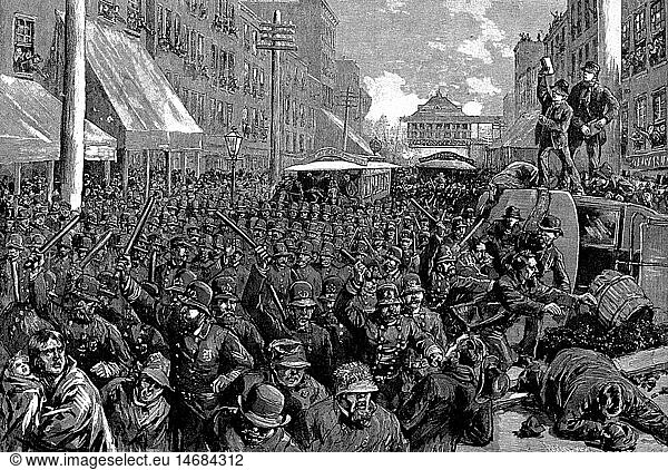politics  labour movement  strike  streetcar worker's walkout in New York  USA  March 1886  police is diverting the strikers  wood engraving after drawing by Thure de Thulstrup  'Harper's Weekly'  13.3.1886