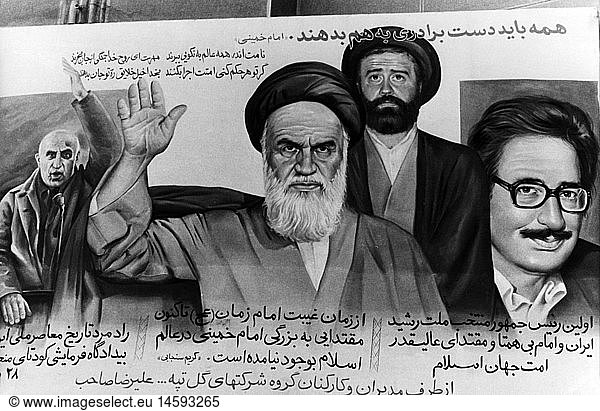 politics  propaganda  poster with the Iranian leaders Muhammed Mossadegh  ayatollah Ruhollah Khomeini  Ahmed Khomeini  Abulhassan Banisadr  Iran  circa 1980