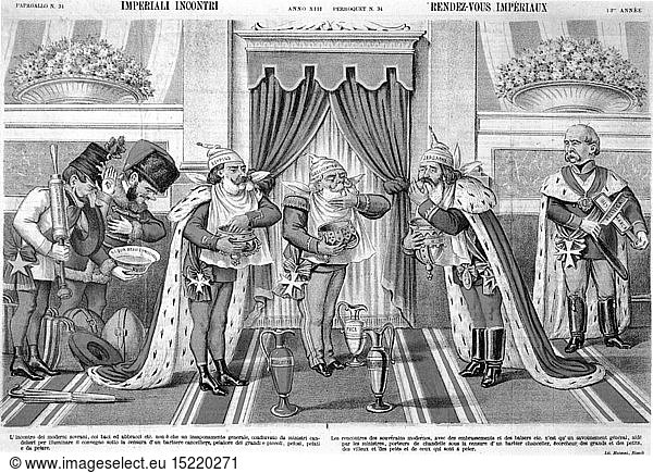politics  Three Emperors' League  Franz Joseph I ('Beppino')  William I ('Gugielmino') and Alexander III ('Sandrone') eating  'The Meeting the Emperors'  chromolithograph  Torino  20.8.1885