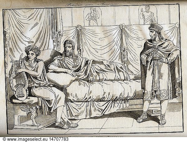 Polykrates  + 522 vChr.  Tyrann von Samos 538 - 522 vChr.  'Polykrates mit dem Anakreon'  Kupferstich  'Vorzeit und Gegenwart'  Augsburg  1832