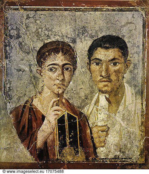 Pompeiian wall painting. Double portrait of Paquius Proculus (or Terentius Nero) with his wife (with scroll and writing implement). Fresco from Pompeii.