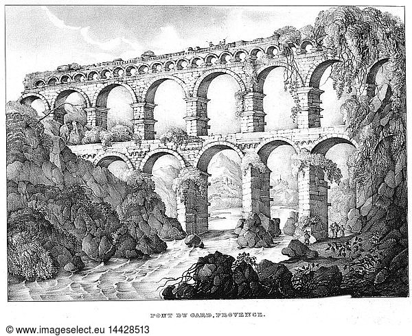 Pont du Gard  Nimes  southern France. Roman aqueduct built c18 BC. No cement used. 19th century lithograph.