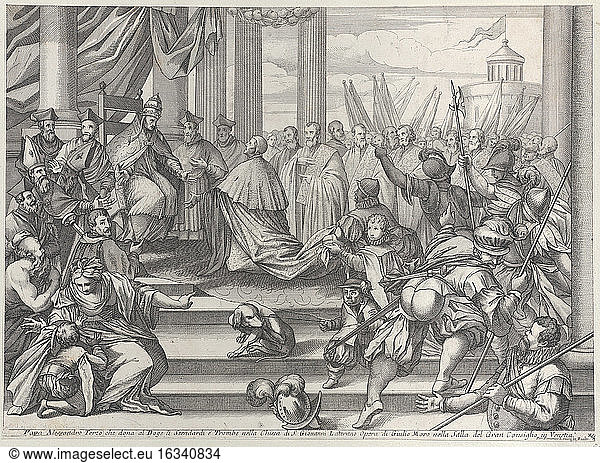 Pope Alexander III presents Doge Ziani with standards and bugles after his defeat of Holy Roman Emperor Frederick I Barbarossa  from 'Il gran Teatro di Venezia' (The great theater of Venice)