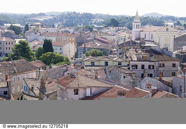 POREC CROATIA ON AUGUST 20,  2018: Panorama from the tower of the Euphrasian Basilica UNESCO heritage site in Porec old town.