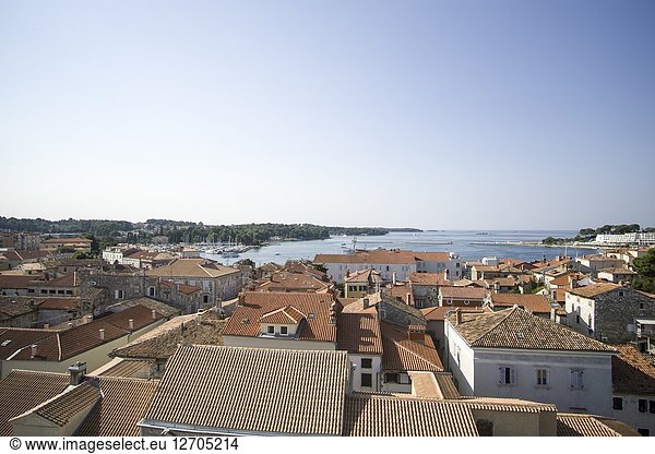 POREC CROATIA ON AUGUST 20  2018: Panorama from the tower of the Euphrasian Basilica UNESCO heritage site in Porec old town.