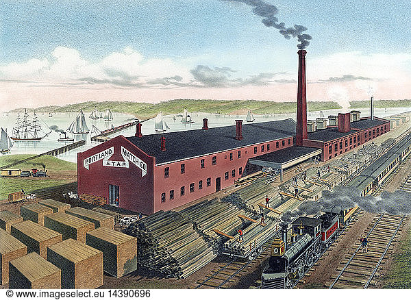 Portland star match factory  Portland  Maine  USA. [between 1860 and 1880]. bird"s-eye view of the Portland Star Match Factory in Portland  Maine  with a Boston & Maine Railroad passenger train passing on the lower right foreground  men unloading timber from railroad cars next to the long factory building and men operating a sawmill  and in the background  a river or harbour with ships.