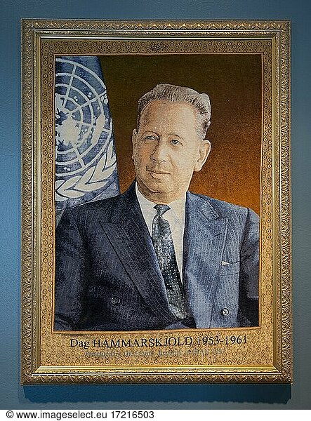 Porträt Dag Hammarskjöld  ehemaliger Generalsekretär der Vereinten Nationen  Hauptquartier der Vereinten Nationen  UNO-Hauptquartier  United Nations  New York City  New York State  USA  Nordamerika