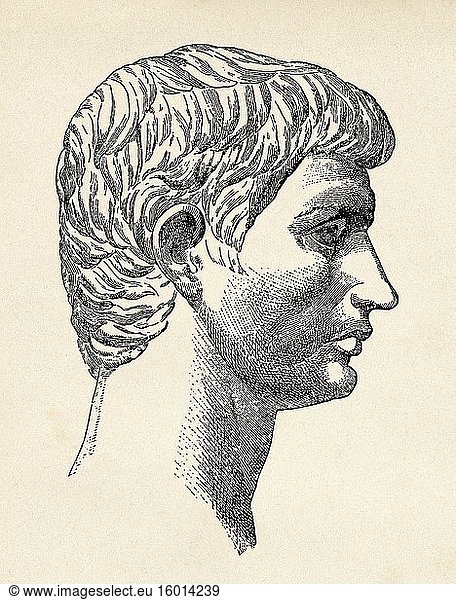 Porträt von Marcus Junius Brutus (85-42 v. Chr.)  römischer Politiker  altes Rom. Alte gestochene Illustration aus dem 19. Jahrhundert  El Mundo Ilustrado 1880.