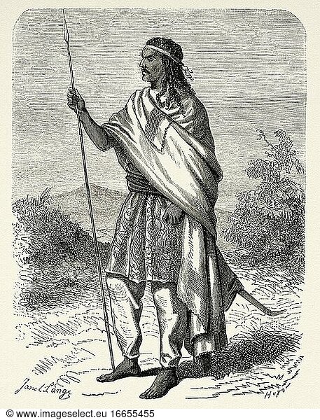 Porträt von Theodore II (1818-1868)  Kaiser von Abessinien  Äthiopien. Alter Stich aus dem XIX. Jahrhundert aus Reise in Abessinien Le Tour du Monde 1864.