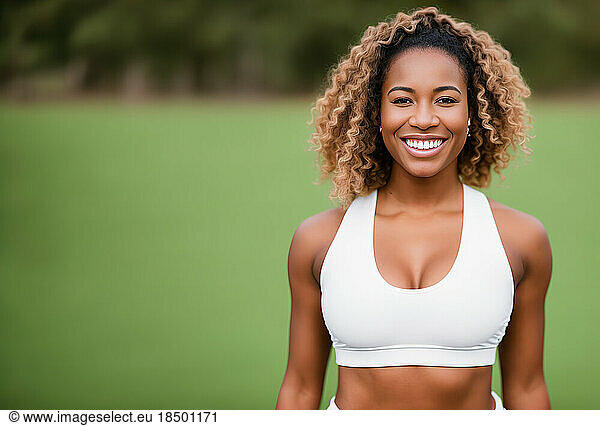 Portrait Afro American sporty woman training outdoors. Generative AI