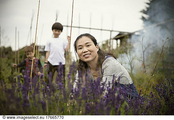 Portrait happy woman tending to lavender plant in garden