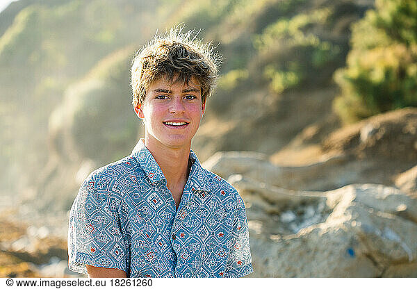 Portrait Of A California Boy At The Beach At Golden Hour