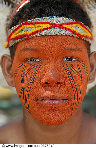 Portrait of a Pataxo Indian man at the Reserva Indigena da Jaqueira near Porto Seguro  Bahia  Brazil.