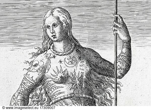 Portrait of a tattooed Pictish woman  copperplate engraving by Theodor de Bry  1590  Frankfurt  Germany  Europe